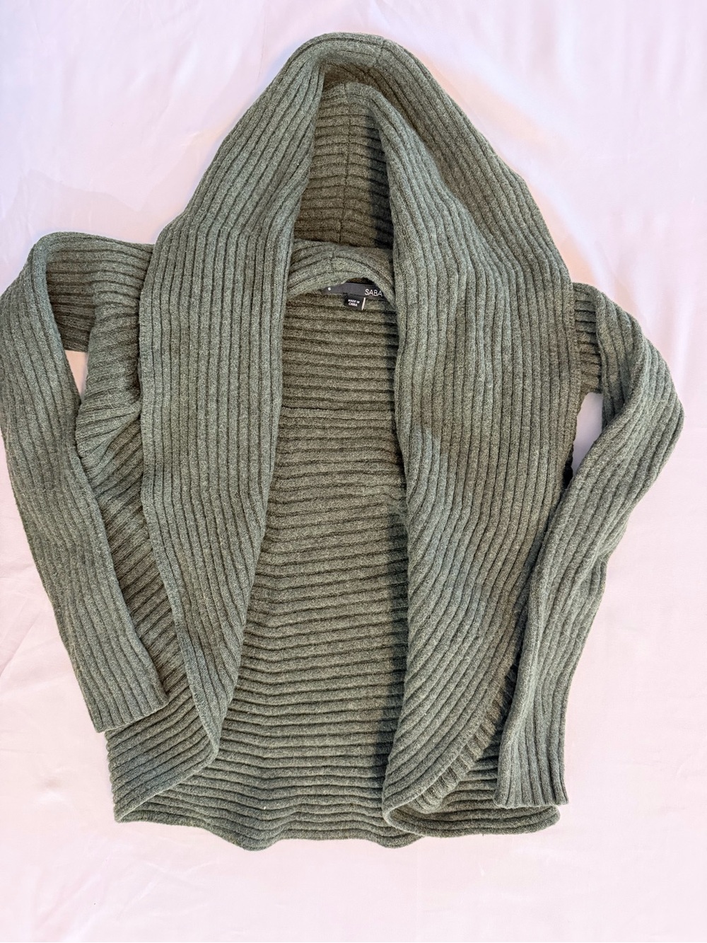 SABA Merino Wool Ribbed Open Cardigan in olive green, size 8,